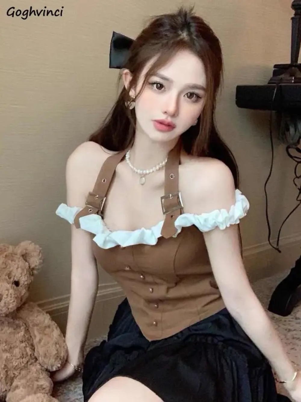 Brown Halter Off Shoulder Ruffle Trim Buckle Strap Corset Crop Top Y2K Summer